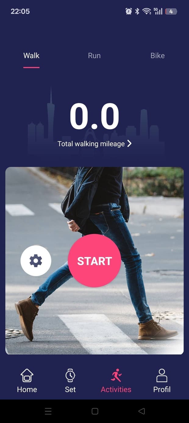HiWatchPro activity tracking screen with start button for walking, running, and cycling mileage statistics