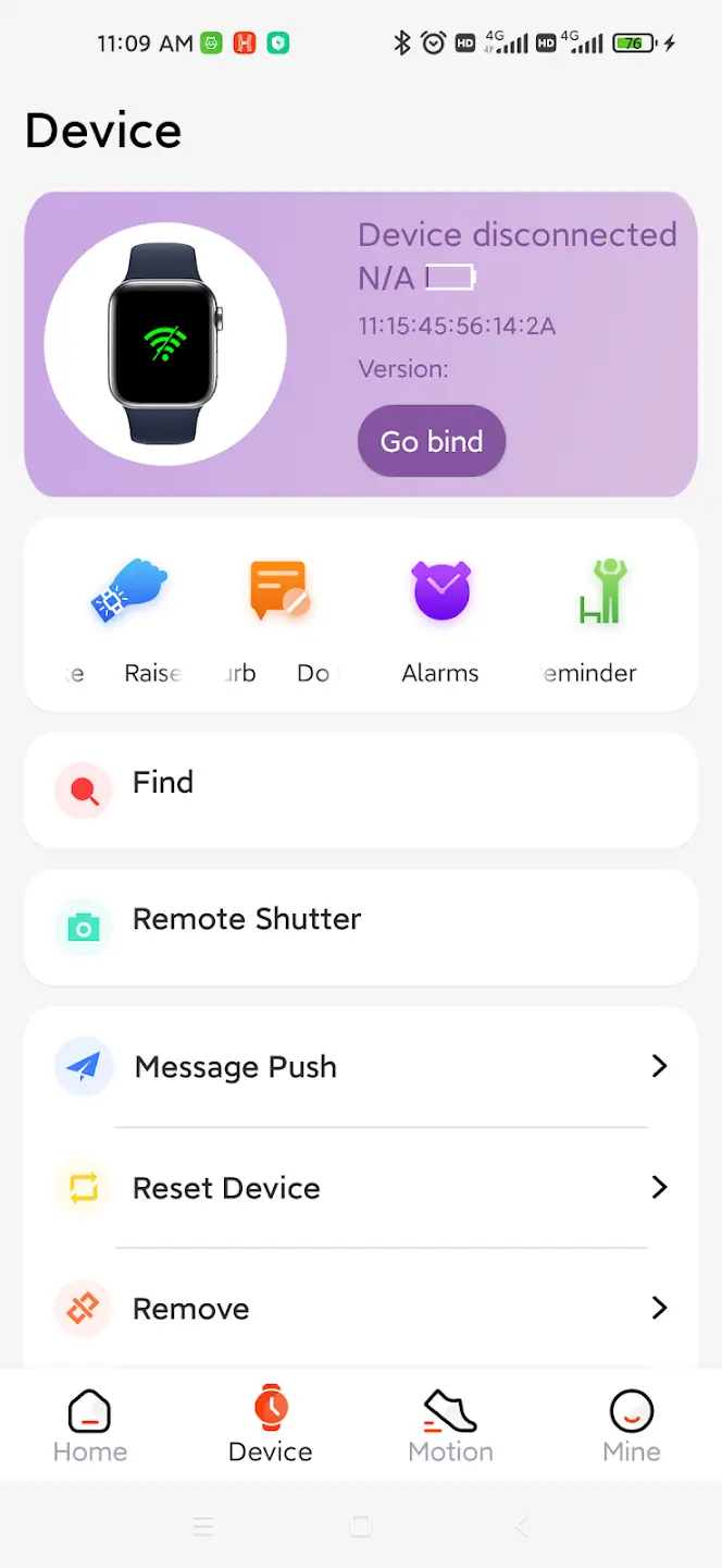 HiWatch Plus device page showing bracelet connection and features like Find, remote shutter, message push, and reset device
