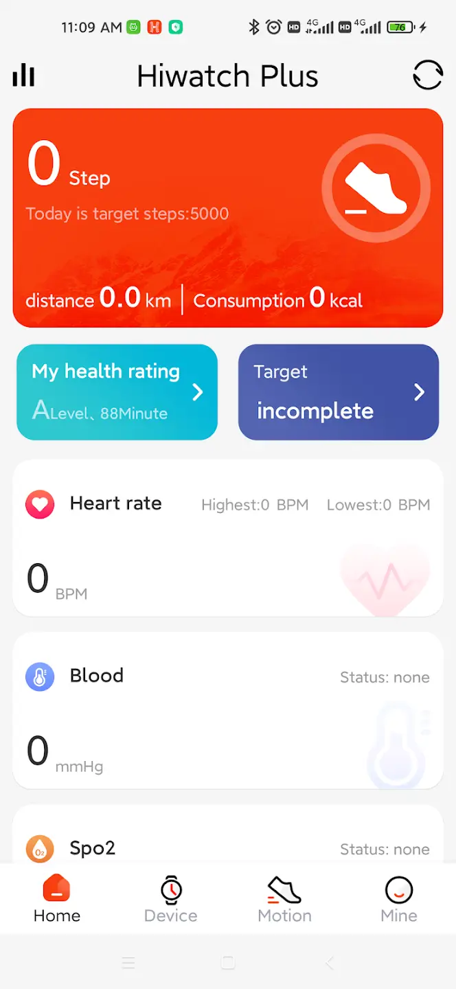 HiWatch Plus home screen showing steps, health rating, target progress, and heart rate data