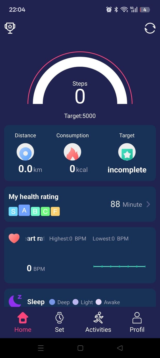 HiWatchPro home dashboard showing steps, activity target, distance, calories, heart rate, sleep tracking, and health rating