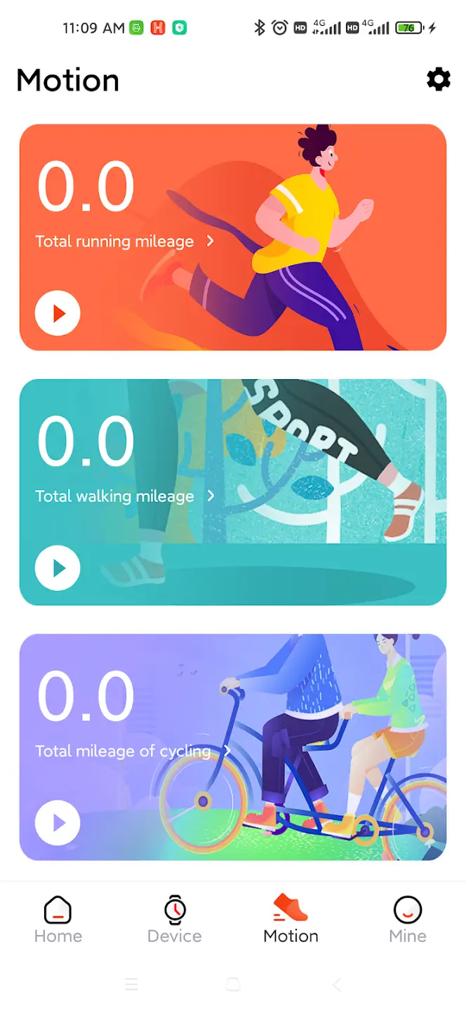 HiWatch Plus motion stats showing total running, walking, and cycling mileage