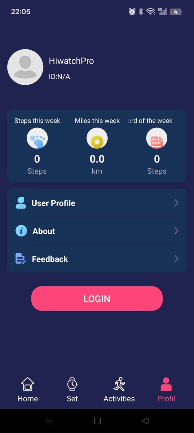 HiWatchPro user profile with avatar, nickname, weekly steps, miles data, about, and feedback settings